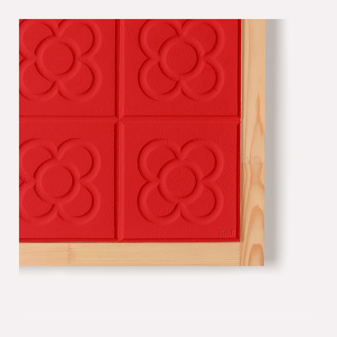 interiorismo_modernista_barcelona_decoracion_panot_barcelona_color_rojo detalle flor de barcelona cuadro cuatro baldosas rojo